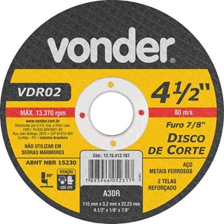 Disco de corte 115 mm x 3,2 mm x 22,23 mm VDR02 - VONDER